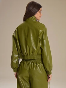 MUSERA Faux Leather Zip Through Stripe Shoulder Cinched Waist Jacket Winter Fall Cute Everyday Coolgirl Mullburn Hill - Green - View 4
