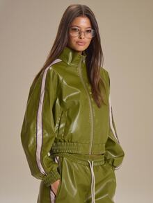 MUSERA Faux Leather Zip Through Stripe Shoulder Cinched Waist Jacket Winter Fall Cute Everyday Coolgirl Mullburn Hill - Green - View 3