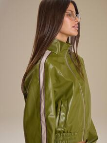 MUSERA Faux Leather Zip Through Stripe Shoulder Cinched Waist Jacket Winter Fall Cute Everyday Coolgirl Mullburn Hill - Green - View 5