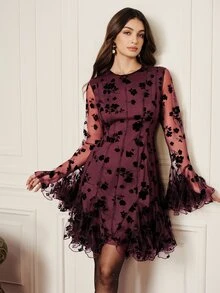 BELROSIE Fall Mesh Jacquard Special Fabric Romantic Sexy Multi-Panel Patchwork Hem Women's Mini Dress Halloween Dinner Night Out Dark Purple - Burgundy - View 6