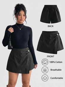 Sweetra CURVE Plus Size Women's Casual Kawaii Smart Minimalist 100 Cotton Daily Wear Solid Color Side Zipper Metal Button Short Skort Party Vacation Homewear Black - Black - View 1