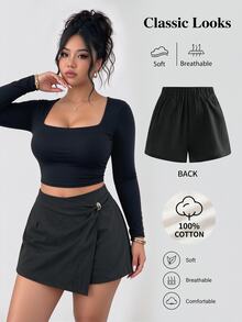 Sweetra CURVE Plus Size Women's Casual Kawaii Smart Minimalist 100 Cotton Daily Wear Solid Color Side Zipper Metal Button Short Skort Party Vacation Homewear Black - Black - View 8