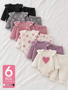 SHEIN Infant Girl Heart Ruffle Bodysuit & Pants Set, Autumn/Winter Ribbed Long Sleeve Bodysuit & Pants Set, Soft Fabric, Ruffle Design On Shoulders And Cuffs, Sweet And Fashionable, Suitable For Wearing Alone Or Layering To Adapt To Temperature Changes - Multicolor - View 1