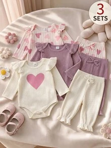 SHEIN Infant Girl Heart Ruffle Bodysuit & Pants Set, Autumn/Winter Ribbed Long Sleeve Bodysuit & Pants Set, Soft Fabric, Ruffle Design On Shoulders And Cuffs, Sweet And Fashionable, Suitable For Wearing Alone Or Layering To Adapt To Temperature Changes - Multicolor - View 3
