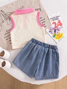 SHEIN 2pcs/Set Young Girl Back-To-School Retro Outfits, Apricot Textured Knit Vest Top Denim Skort With Ruffle Hem, Butterfly Heart Decor Clothing - Pink - View 5