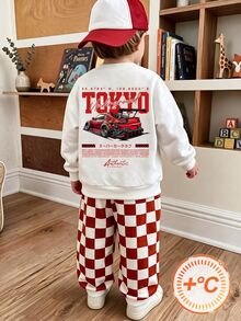 Boys' Street-Style Outfit: A Crewneck Sweatshirt With Letter Print Paired With Printed Sweatpants, Autumn Casual Children's Wear / White - Multicolor - View 8