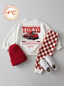 Boys' Street-Style Outfit: A Crewneck Sweatshirt With Letter Print Paired With Printed Sweatpants, Autumn Casual Children's Wear / White - Multicolor - View 5