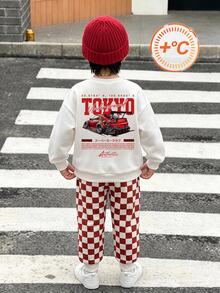Boys' Street-Style Outfit: A Crewneck Sweatshirt With Letter Print Paired With Printed Sweatpants, Autumn Casual Children's Wear / White - Multicolor - View 3