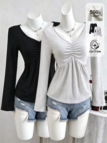 SHEIN Sweetra Young ملابس علوية للفتيات المراهقات في فصل الخريف والشتاء، عبوتان رمادي/أسود، بياقة على شكل قلب، خصر أمامي مجعد، أكمام طويلة واسعة، ملابس رسمية للعطلات - متعدد الألوان - مشاهدة 6