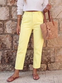 EMERY ROSE Women's Summer Paperbag Waist Straight Leg Jeans - Yellow - View 2