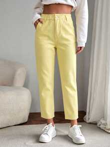 EMERY ROSE Women's Summer Paperbag Waist Straight Leg Jeans - Yellow - View 12