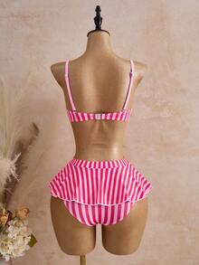 Bellisia Underwire Cup Support & Lift, Better Shape The Bust; Spaghetti Strap Softly Highlight Slender Shoulders & Neck; High-Waist Ruffle Hem Cleverly Conceal Belly & Hips, Hide Flesh & Look Cute; Rose Red + Light Pink Vertical Stripes, Visually Lengthen The Body, Vibrant & Radiant. Suitable For Island Vacation, Hot Spring - Multicolor - View 2