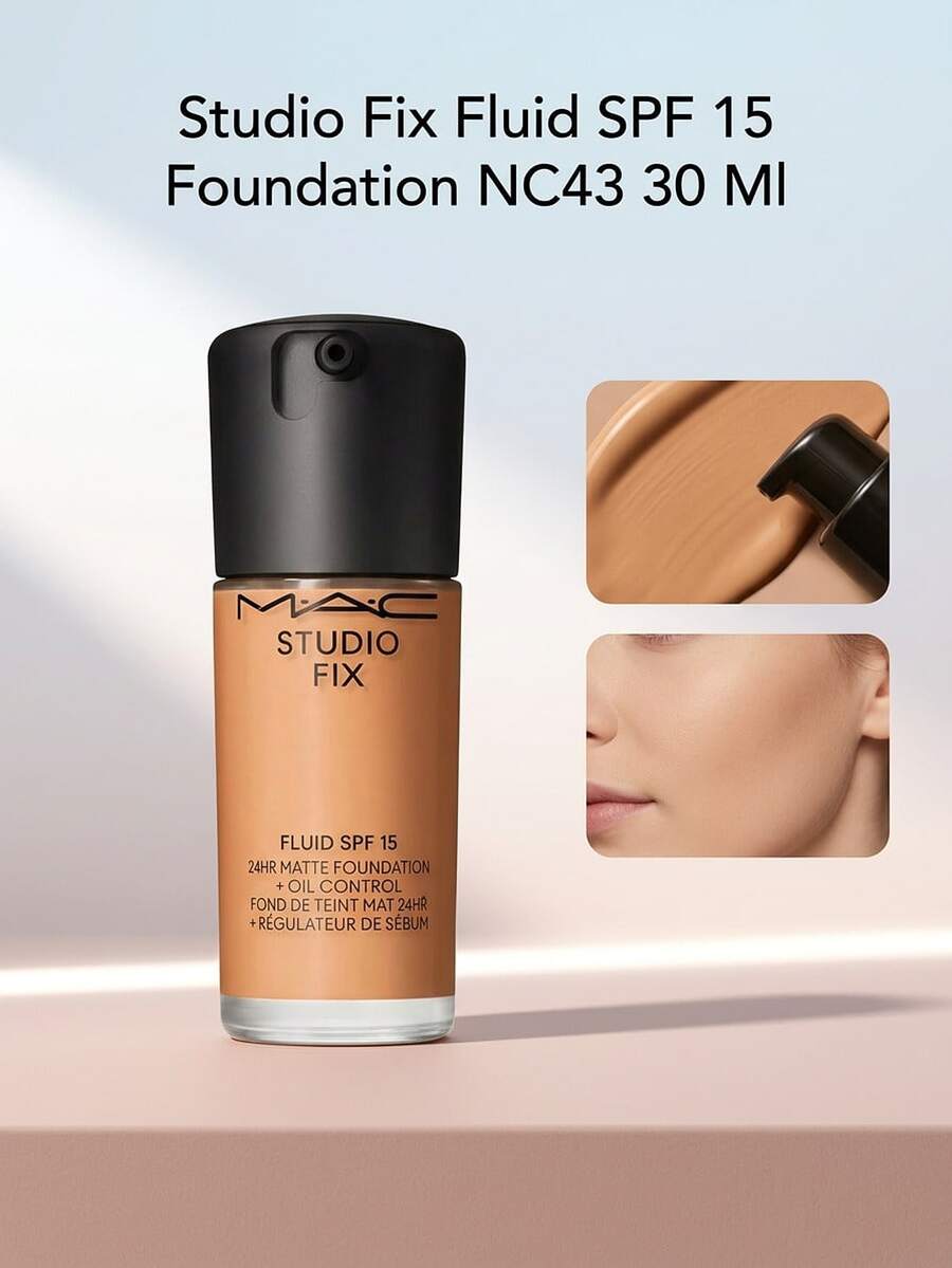 MAC Studio Fix Fluid SPF 15 Foundation NC43 30 Ml – Foundation, 24-Hour Matte Finish, For Oily Skin, NC43, Suitable For Daily Face Makeup - NC43.5 - View 1