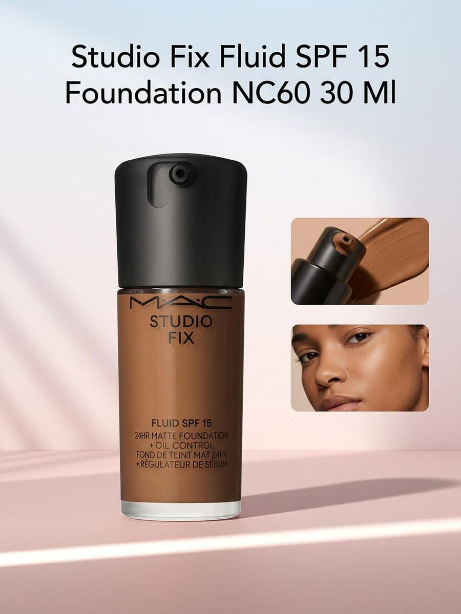 MAC Studio Fix Fluid SPF 15 Foundation NC60 30 Ml – Foundation, 24-Hour Matte Finish, For Oily Skin, NC60, SPF 15, Suitable For Daily Makeup Routine - White - View 1