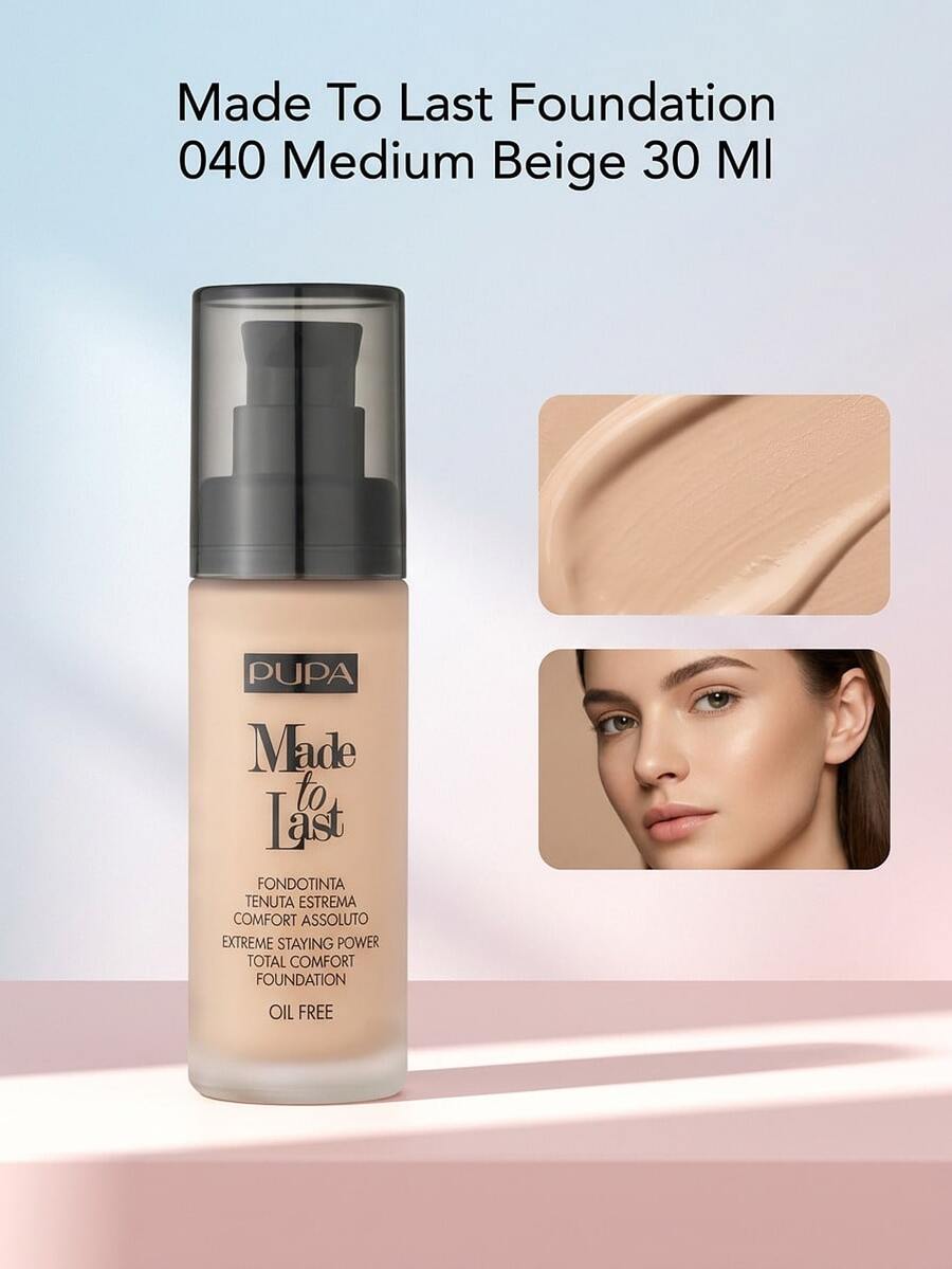 Pupa Made To Last Foundation 040 Medium Beige 30 ml – Foundation, Extreme Staying Power, For Women, Medium Beige, Oil Free, Suitable For Daily Makeup Routine - 040 Mellanbeige - Visa 1