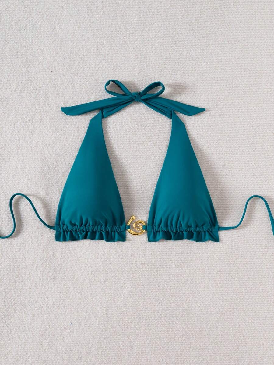 Swim Vcay Neuer geraffter rückenfreier Halter-Bikini-Top für Frauen - Taubenblau - Übersicht 1