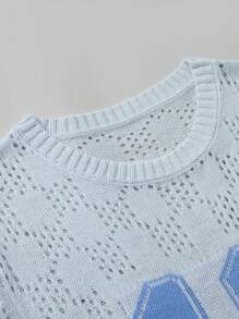 Manfinity Roghcode Men's Casual Knit Top: Baby Blue Short Sleeve Sweater With Rib-Knit Detail And Number 18 Design - Baby Blue - View 5