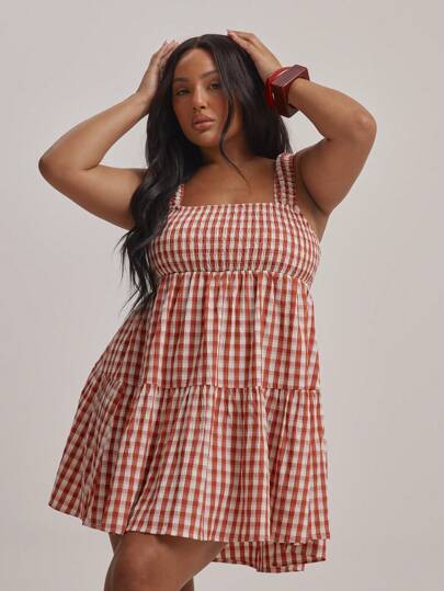 MUSERA Plus Square Neck Shirred Bust Gingham Floaty Mini Dress Spring Summer Vacation Graduation Sexy Cute Elegant Beach Holiday Party