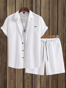 Manfinity Homme Men Summer Casual Solid Color Short Sleeve Shirt & Shorts Set Men Outfits 2 Pieces - White - View 5