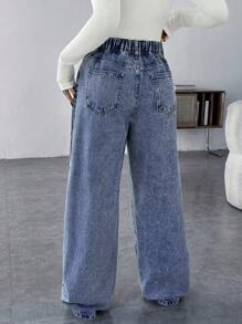 SHEIN Maternity Casual Loose Wide-Leg Blue Jeans Women Jeans Baggy Jeans Casual Loose Wide Leg Pants Blue Women Straight Jeans Thanksgiving Wide Waist - Dark Wash - View 2