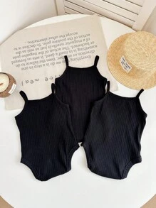 SHEIN LMoss Kids LMoss 3pcs/Set Newborn Baby Girl Cute White Knit Strap Bodysuit Set For Summer - Black - View 2