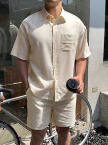 SHEIN Teenager Jungen Set aus texturiertem Hemd und Shorts, lässig, bequem, modisch, vielseitig, süß, weich, geeignet für den täglichen Gebrauch, Schule, Reisen, Strand, Urlaub - Weiss - Übersicht 4