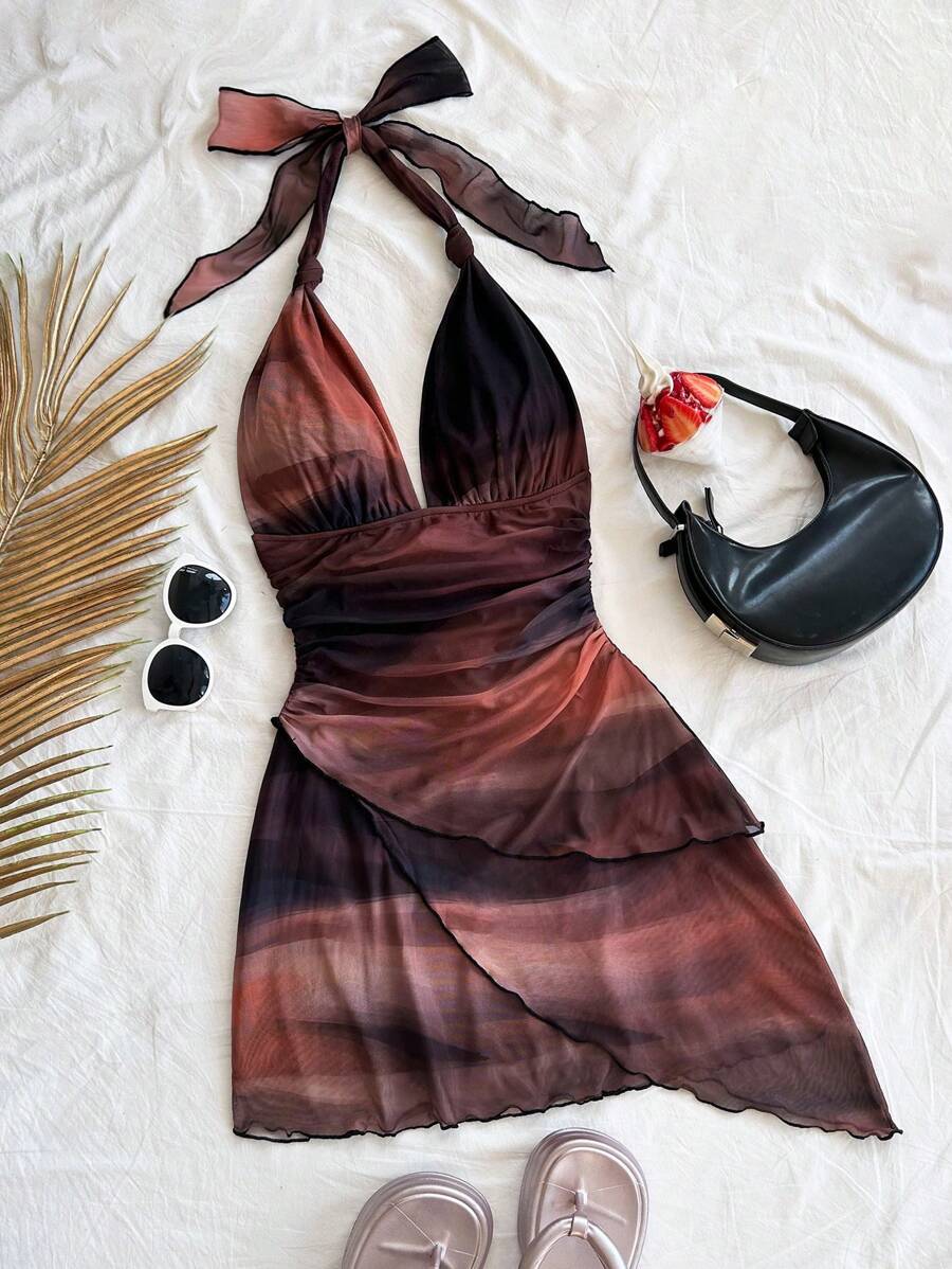 Soleia Vestido mini romántico para vacaciones con cuello en V con tirantes, uva asimétrica y volantes en talla grande para mujeres - Multicolor - Ver 1