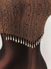 Amplova Gyaru Concert Women Vacation Woman Boho Vacation Summer Western Resort Style Knit Jacquard Beaded Tassel Crop Top - Coffee Brown - View 4