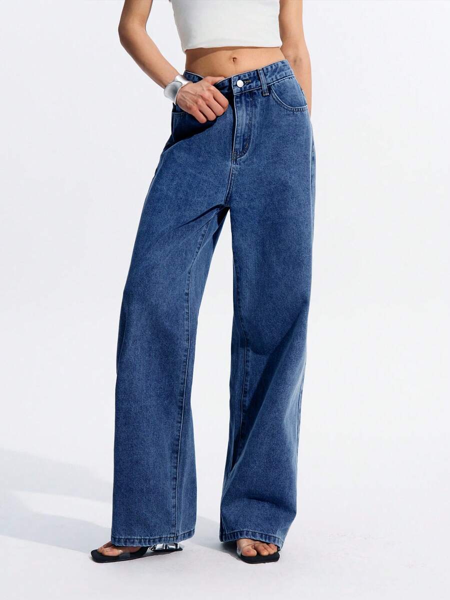 LYSMO Solid Color Pocket Casual Straight-Leg Jeans Suitable For Everyday Wear - Dark Wash - View 1