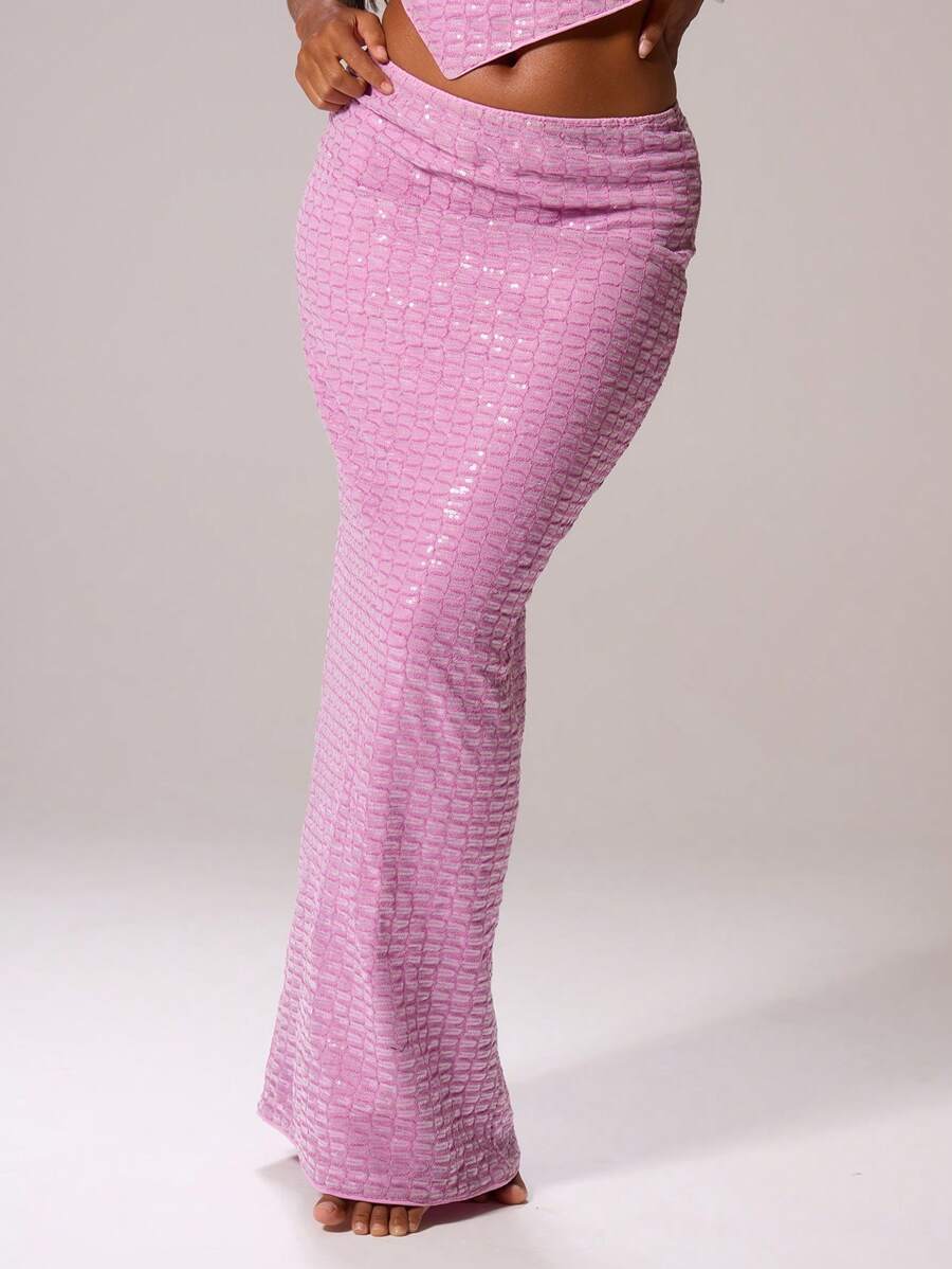 MUSERA Low Rise Sequin Textured Straight Fit Maxi Skirt Bottom Only Ibiza Sexy Vacation Holiday Summer Festival Beachwear Romantic Elegant Birthday Wedding Guest Tequilla Sunrise Chic - Purple - View 1
