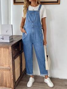 SHEIN Peto vaquero azul de maternidad con dobladillo enrollado, mono de moda para el verano