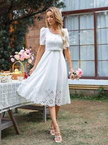 SHEIN LUNE Women's Elegant White Summer Dress Sweetheart Neck Lace Patchwork Mid-Length Dress,Graduation Church Dresses & Wedding Guest Solid Color Short Sleeve - White - View 5