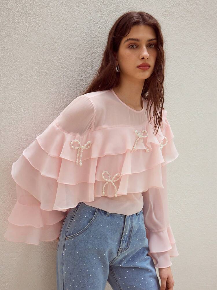 MOTF STUDIO FAUX PEARL BOW DETAIL TIERED LAYER BLOUSE