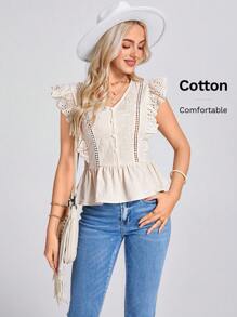 SHEIN LUNE Summer Countryside Vacation Ruffles French Lace Splicing Shirt, Suitable For Valentine's Day, Wedding - Apricot - View 1