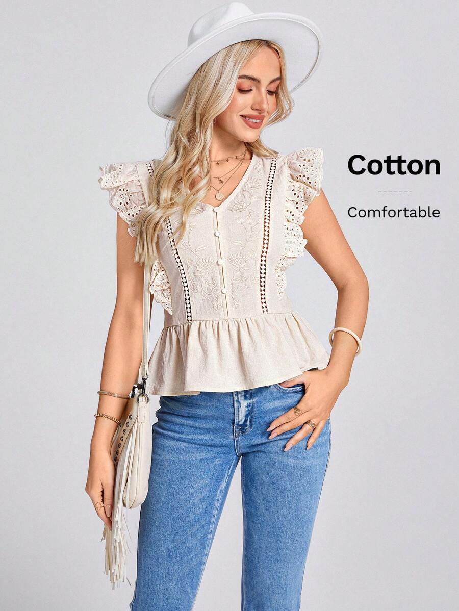 SHEIN LUNE Summer Countryside Vacation Ruffles French Lace Splicing Shirt, Suitable For Valentine's Day, Wedding - Apricot - View 1