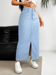 SHEIN Essnce Falda vaquera casual larga con bolsillos y dobladillo con abertura para mujeres