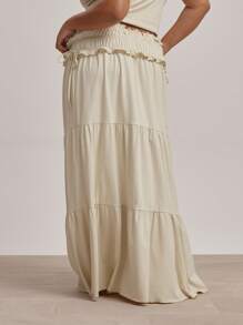 MUSERA 低腰褶皱腰带侧系带多层宽松性感可爱优雅长裙，仅限毕业季、假期、波西米亚风、节日穿着 - 奶油色 - 查看 4