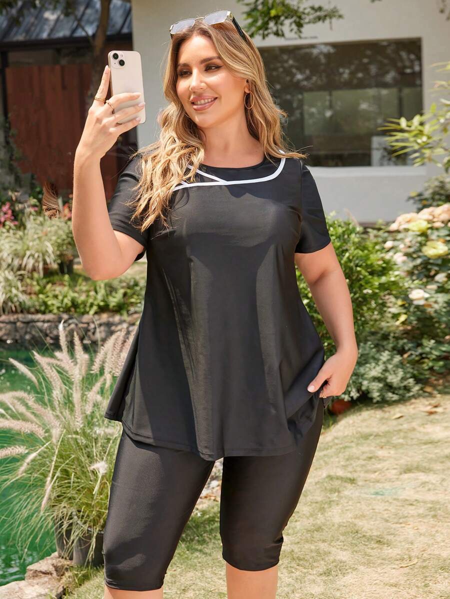 Swim Shayni 2pcs Plus Size Women Black Short Sleeve Modest Tankini Swimsuit Set,Beach Outfits For Woman For Summer Beach Vacation