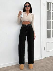 EURMUSE Women's Straight Leg Loose Casual Pocketed Jeans, Versatile - Black - View 5