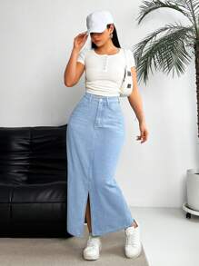 SHEIN Essnce Falda vaquera casual larga con bolsillos y dobladillo con abertura para mujeres