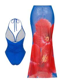 Swim Oasis Women Solid Triangle Spaghetti Strap Front Shirred Backless Slit Hem Printed Two Pieces Swimsuit For Summer Beach Vacation