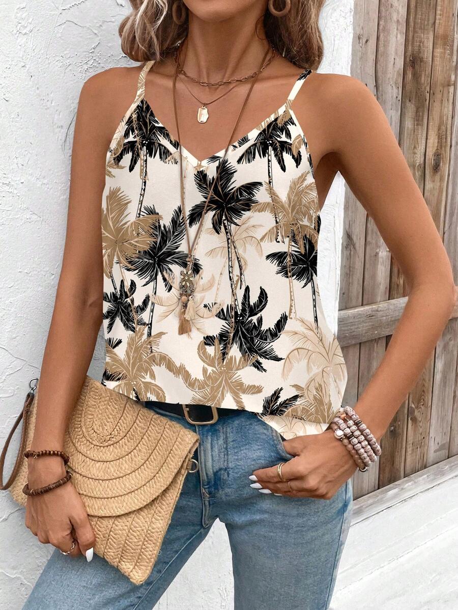 SHEIN LUNE 大码女式休闲花卉图案 V 领吊带背心，适合夏季