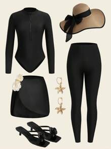 Swim Mulvari Middle Eastern Style Elegant Romantic Floral Decor Long Sleeve Full Coverage 3 PiecesBurkini Set, Including Long Dress And Pants