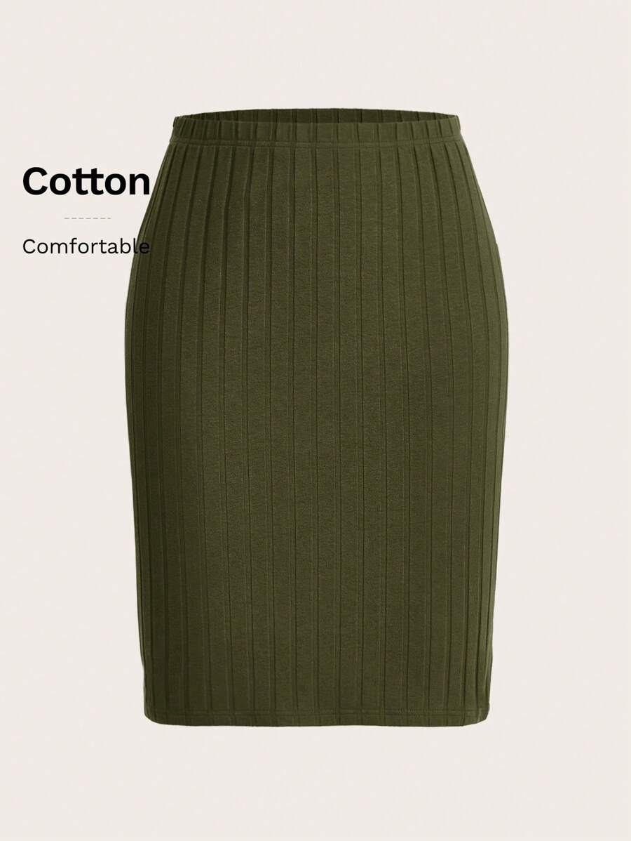 Tseoso Simple Ribbed Elastic Skirt, Casual & Fashionable For Everyday Wear - Army Green - View 1