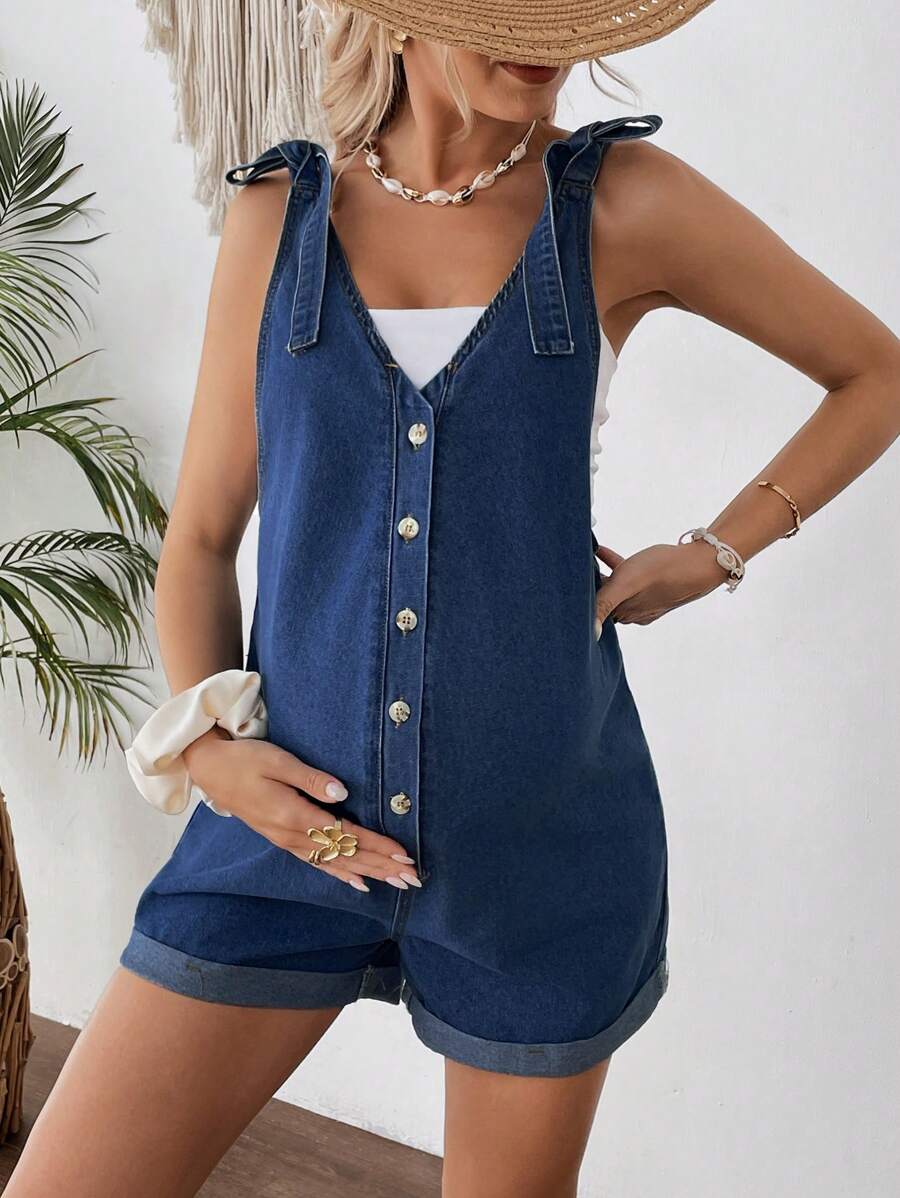 SHEIN 孕妇蓝色牛仔背带裤翻边短裤