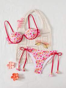 SHEIN Swim 2pcs Ditsy Floral Sexy Bikini Set With Underwire Padded Top And Ruffled Boyshorts, Includes Gold Tassel Side-Tie Bottom For Summer Beach Vacation - Chocolate Brown - View 1