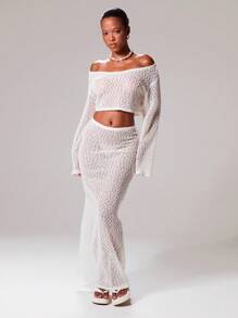 Musera Resort Off-Shoulder, strukturierte Strick-Langarm-sexy, romantische, elegante Crop-Top nur für Ibiza Urlaub, Frühling Sommer Strandmode, Geburtstag, Tequila Sunrise, Braut