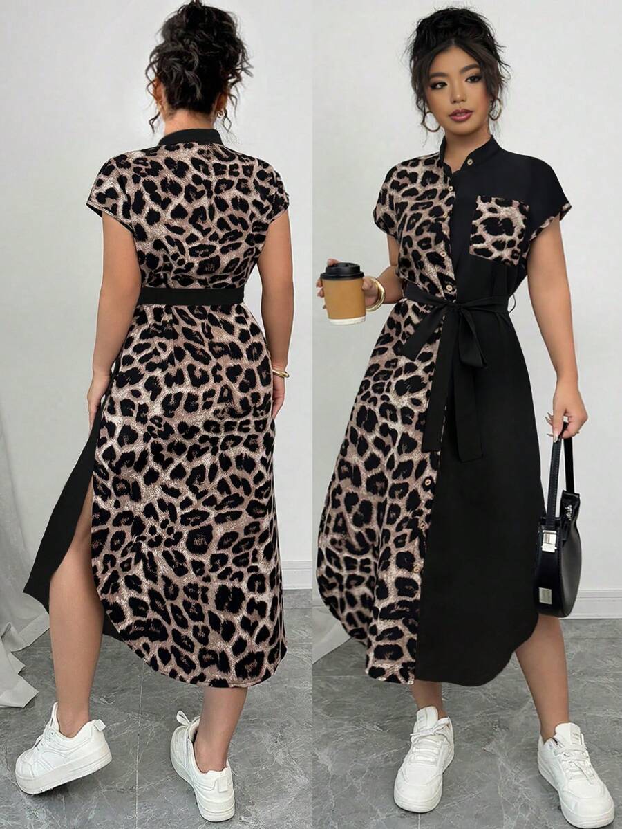 Elenzga 大码女式优雅豹纹衬衫领蝙蝠袖腰带蝴蝶结木质纽扣设计休闲俱乐部时尚春夏连衣裙 - 彩色 - 查看 1