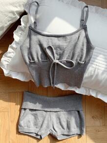 SHEIN EZwear 2 件套女士深灰色系带吊带背心针织上衣和针织短裤 - 灰色 - 查看 7