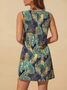 Travachic Tropical Print Round Neck Sleeveless Pullover Vacation Dress - Multicolor - View 2